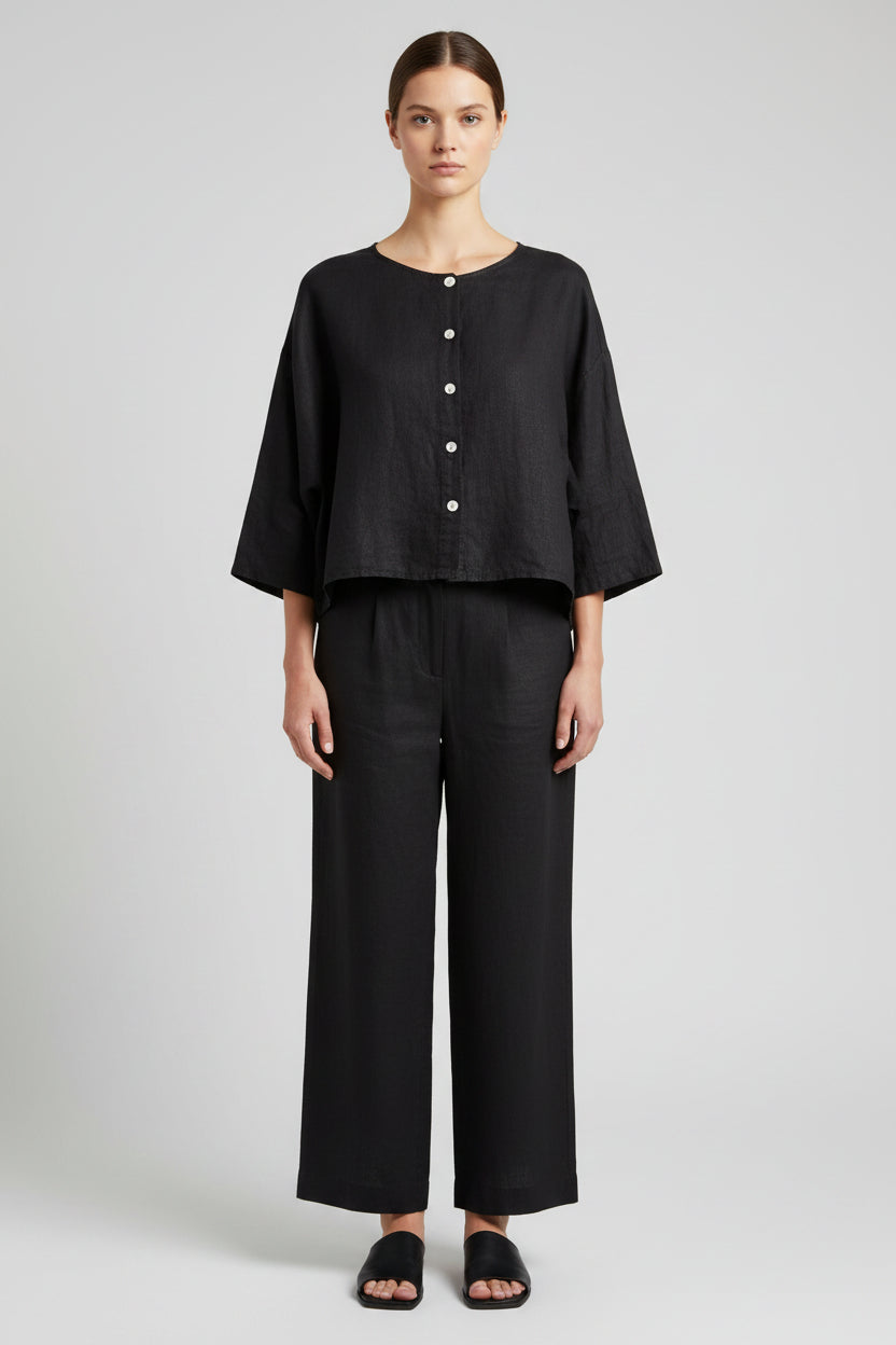 Blusa lino negra abotonada- Bromelia