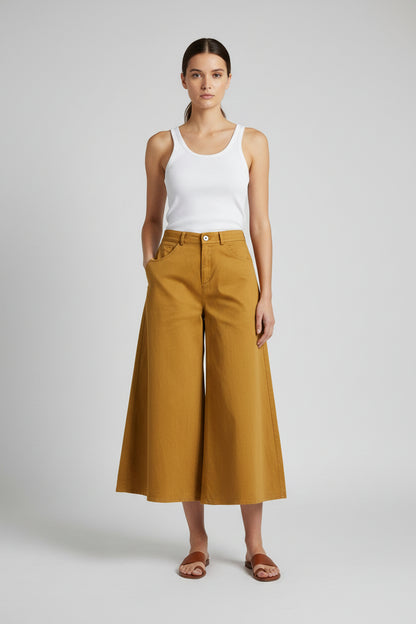 Pantalón Estela mostaza tiro alto oversize algodón - Bromelia