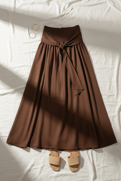 Falda viscosa lazo chocolate con cintura smock —  Bromelia 