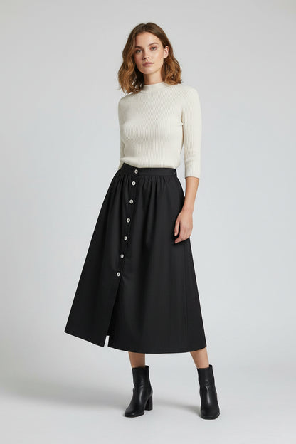 Falda midi con botones negra - Bromelia