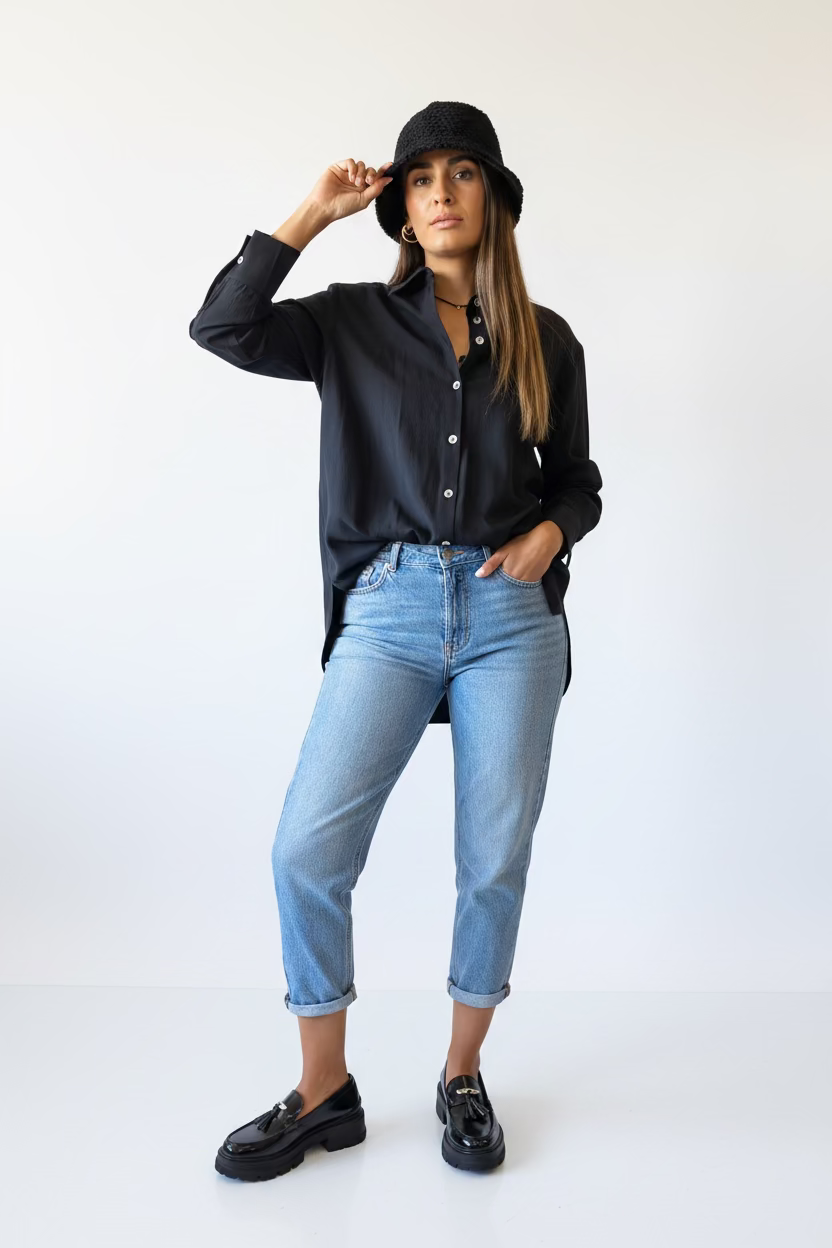 Camisa negra de algodón mujer manga larga con botones — Bromelia Chile